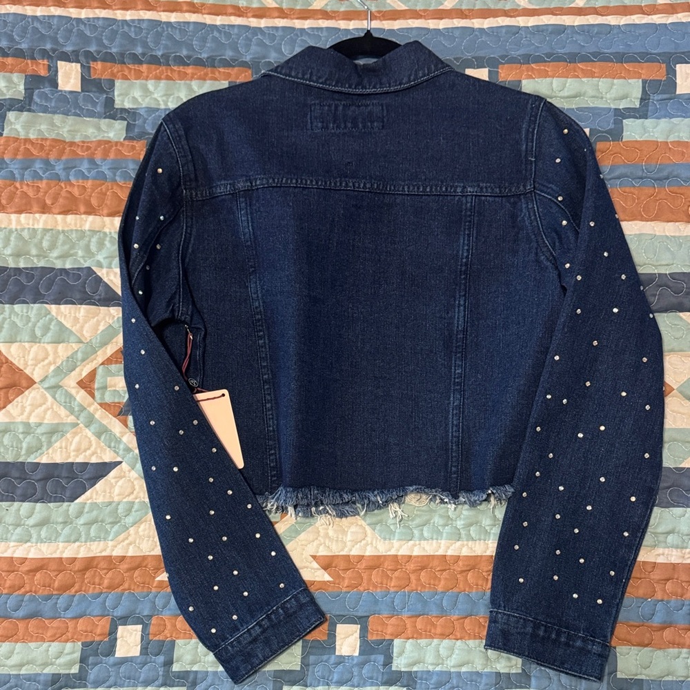 Dark Blue Denim Rhinestone-Studded Cropped Jean Jacket - Picture 3 of 3